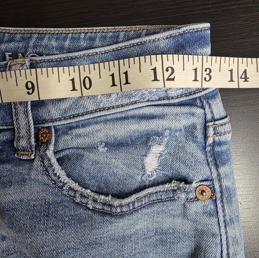 American Eagle Super Stretch  High-Waist Distress Denim Mini Skirt Raw Hem Sz 2 - Picture 13 of 13